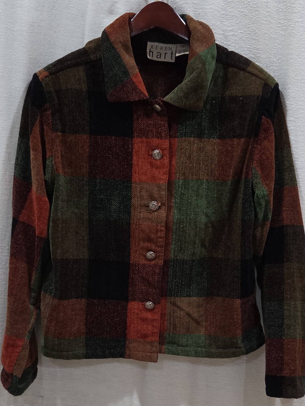 Keren Hart Womens Green Brown Plaid Short Button Front Collared Jacket M